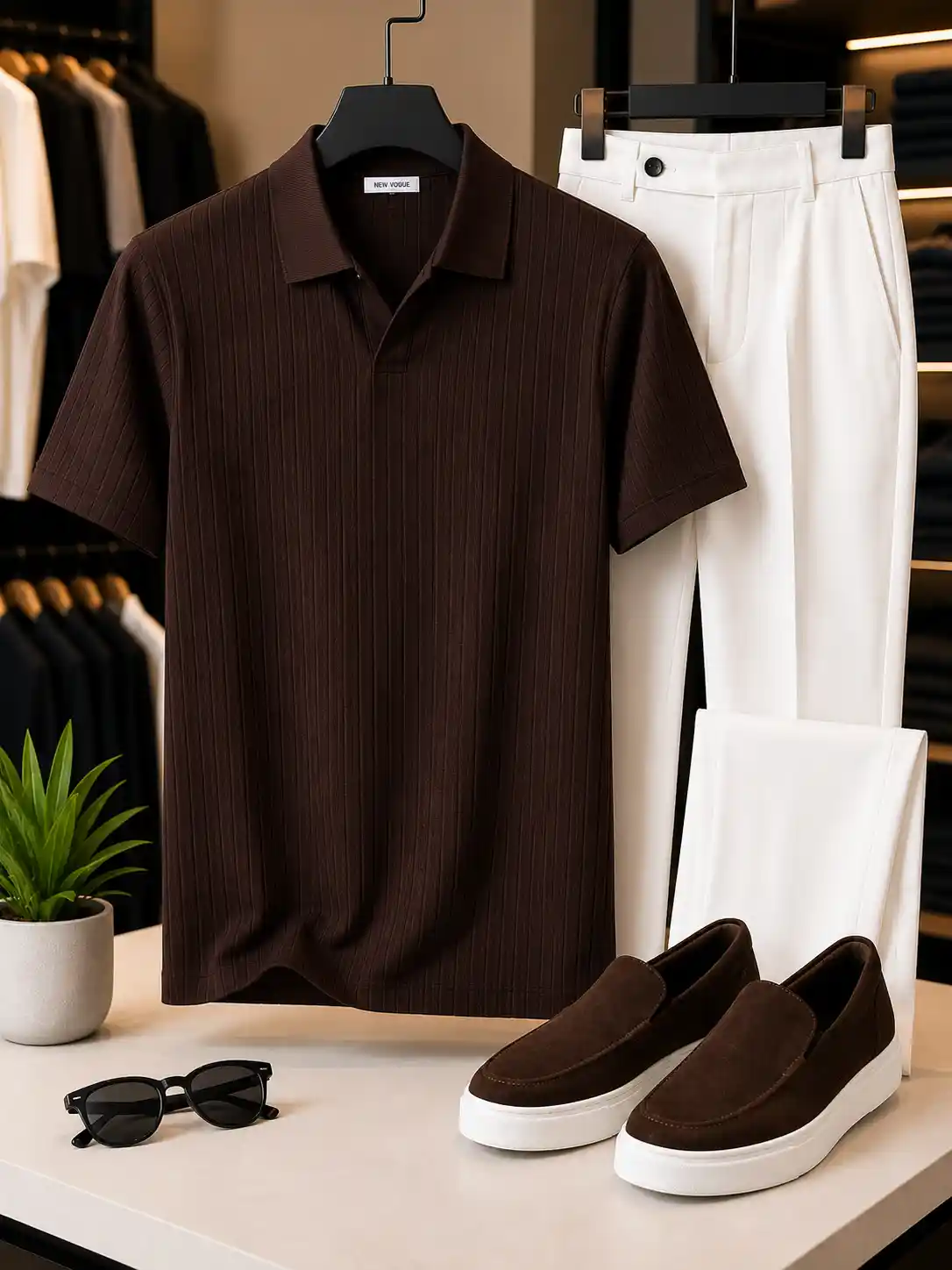 Dark Brown Ribbed Polo Shirt & White Trousers Combo Set