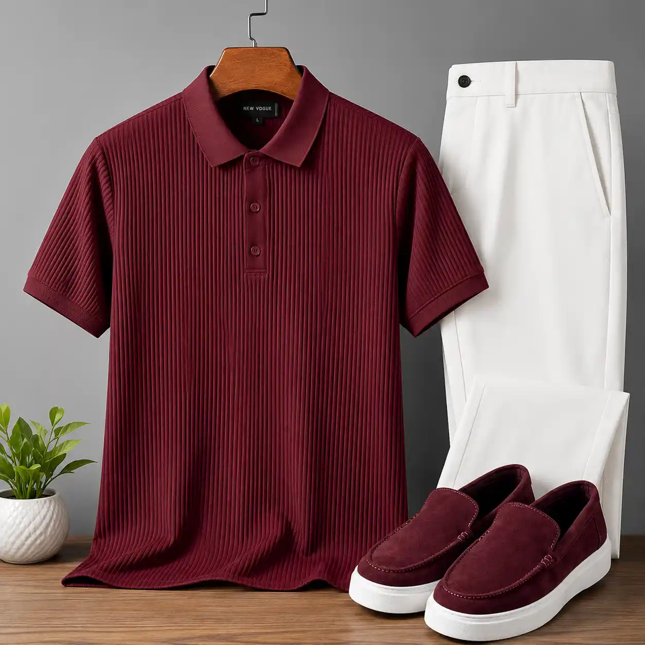 Smart Casual Maroon Ribbed Polo Shirt & White Trousers Combo Set