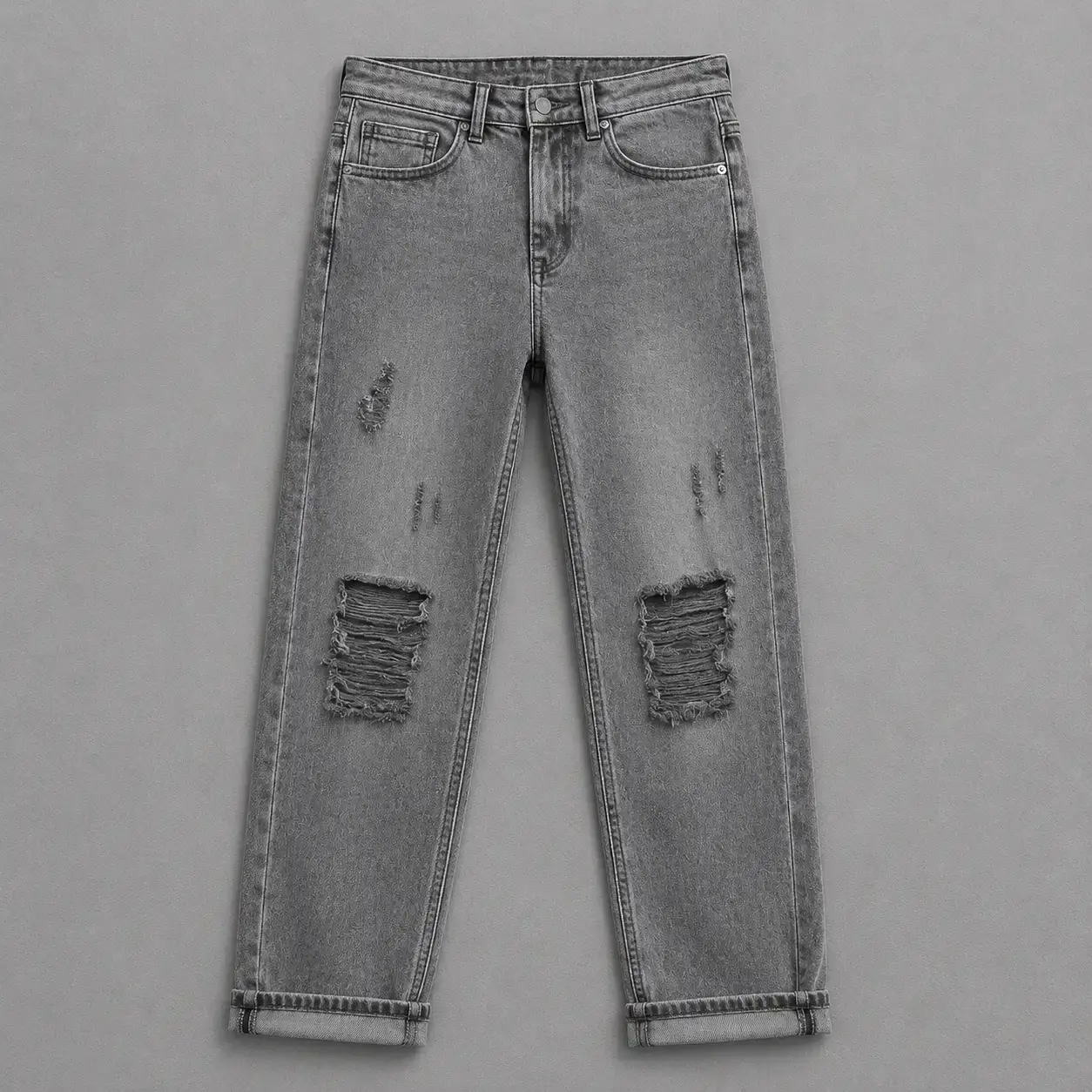 Gray distressed denim flat lay