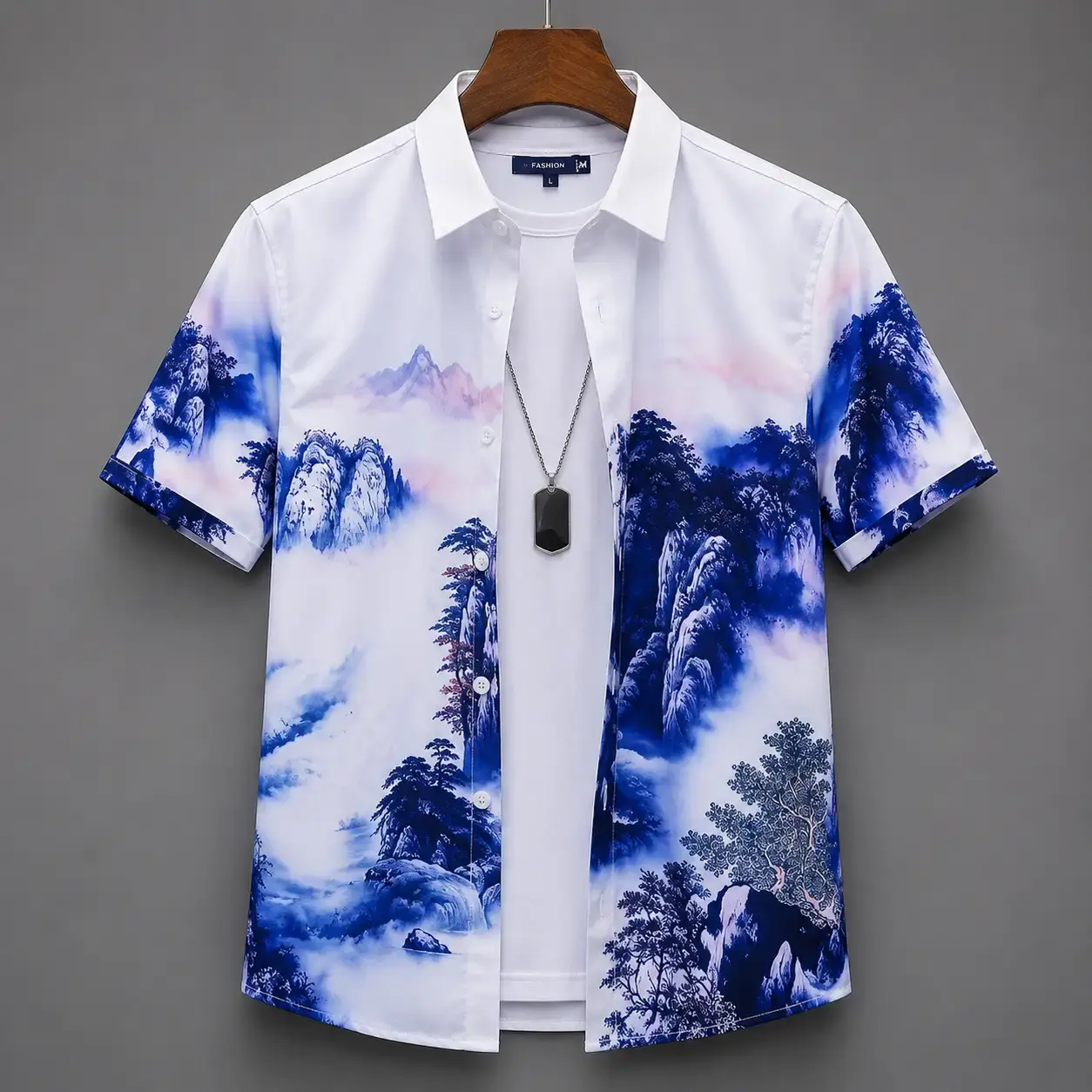 Scenic print shirt flat-lay display