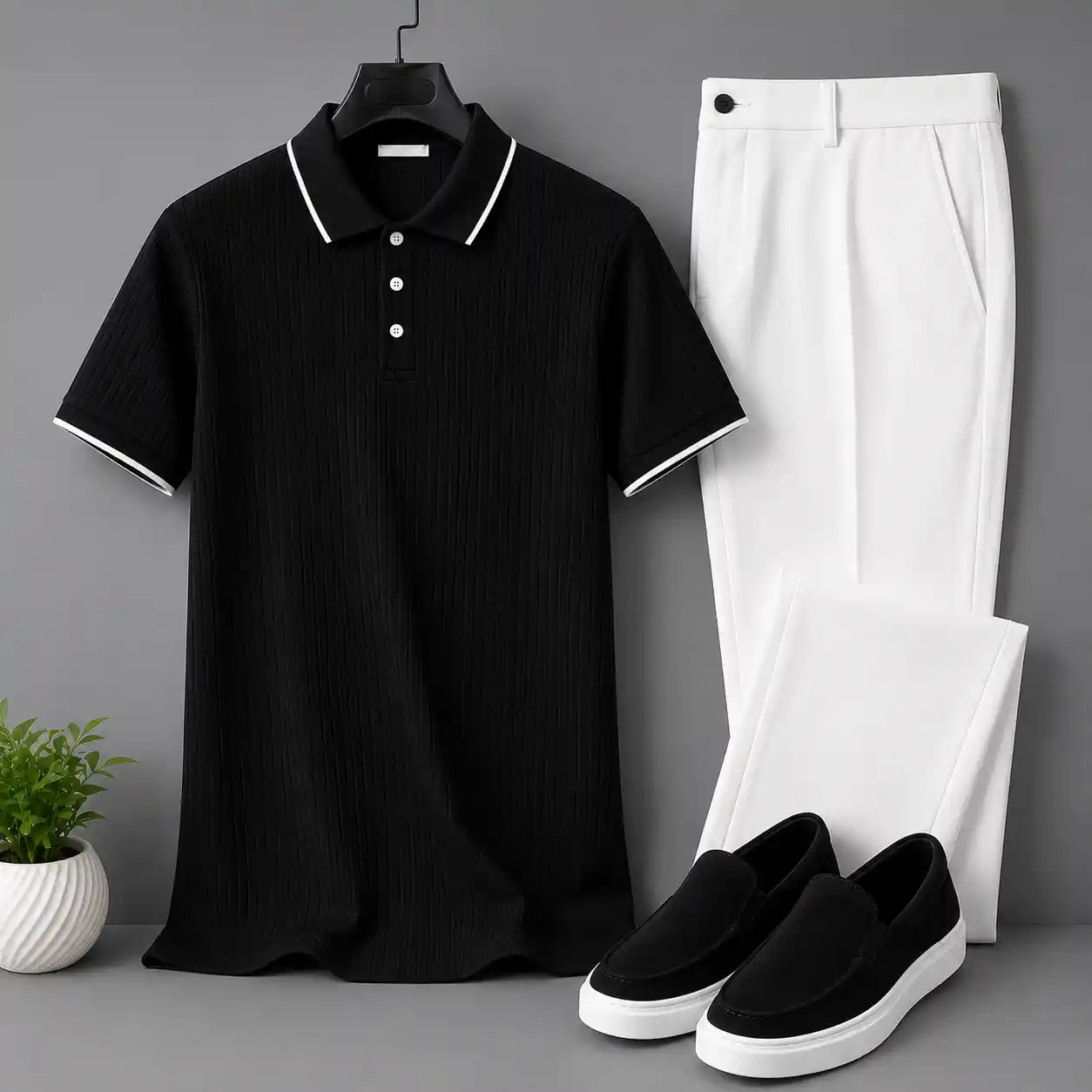 Black Ribbed Polo Shirt with White Trim & Trousers Combo Set