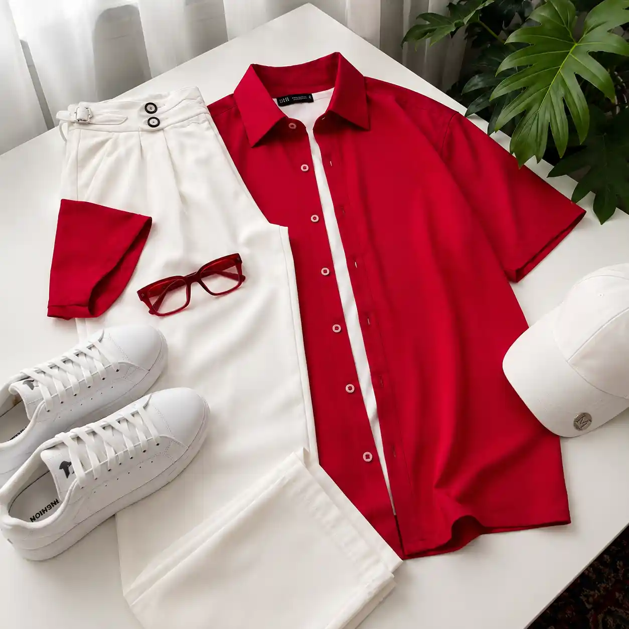 Color-Block Set: Vibrant Red Short-Sleeve Shirt & White Trousers