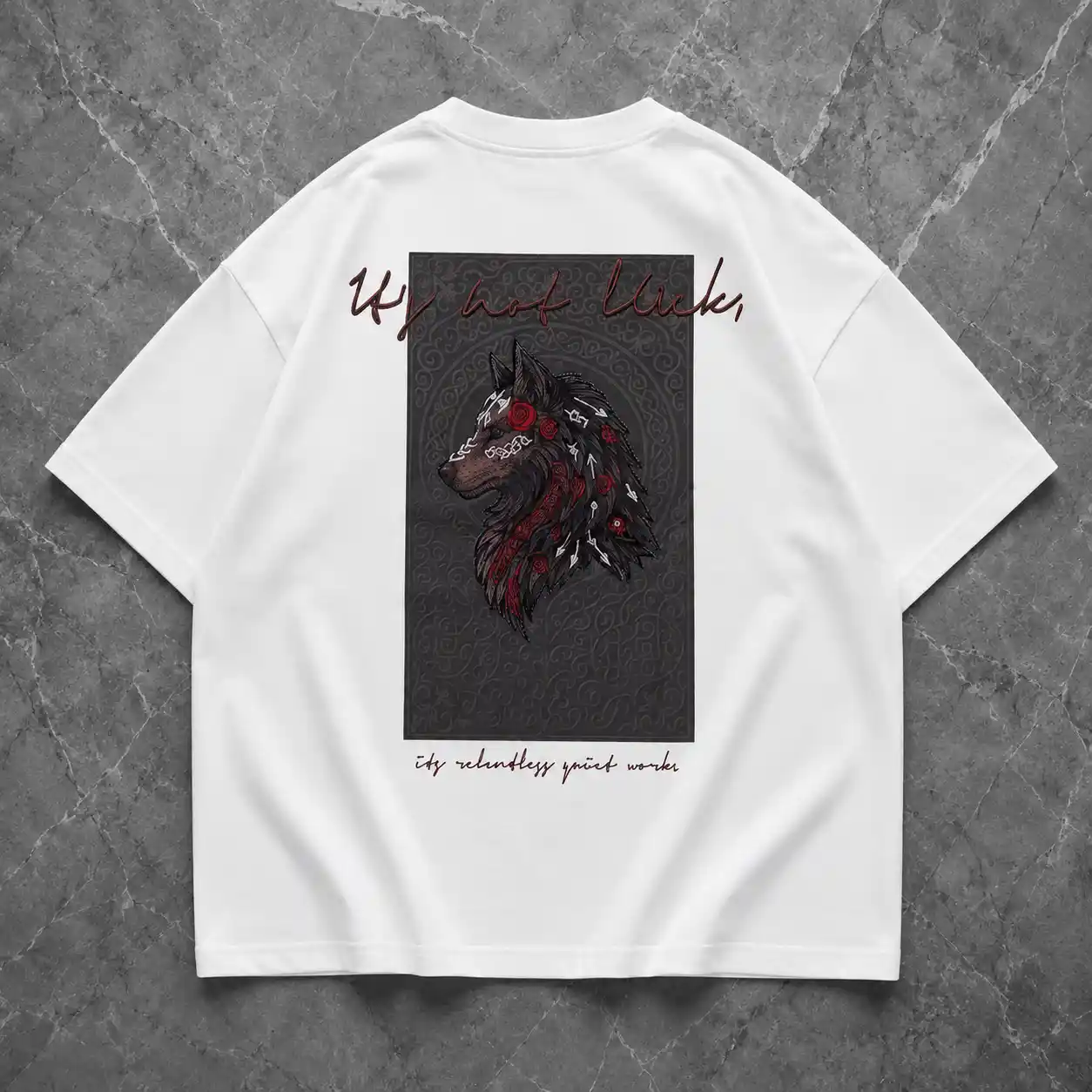 Men Oversized White Graphic T-Shirt with Motivational Wolf & Rose Back Print