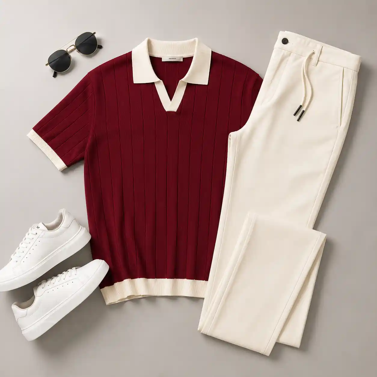 Maroon Ribbed Knit V-Neck Polo and Cream Trousers Co-ord Set