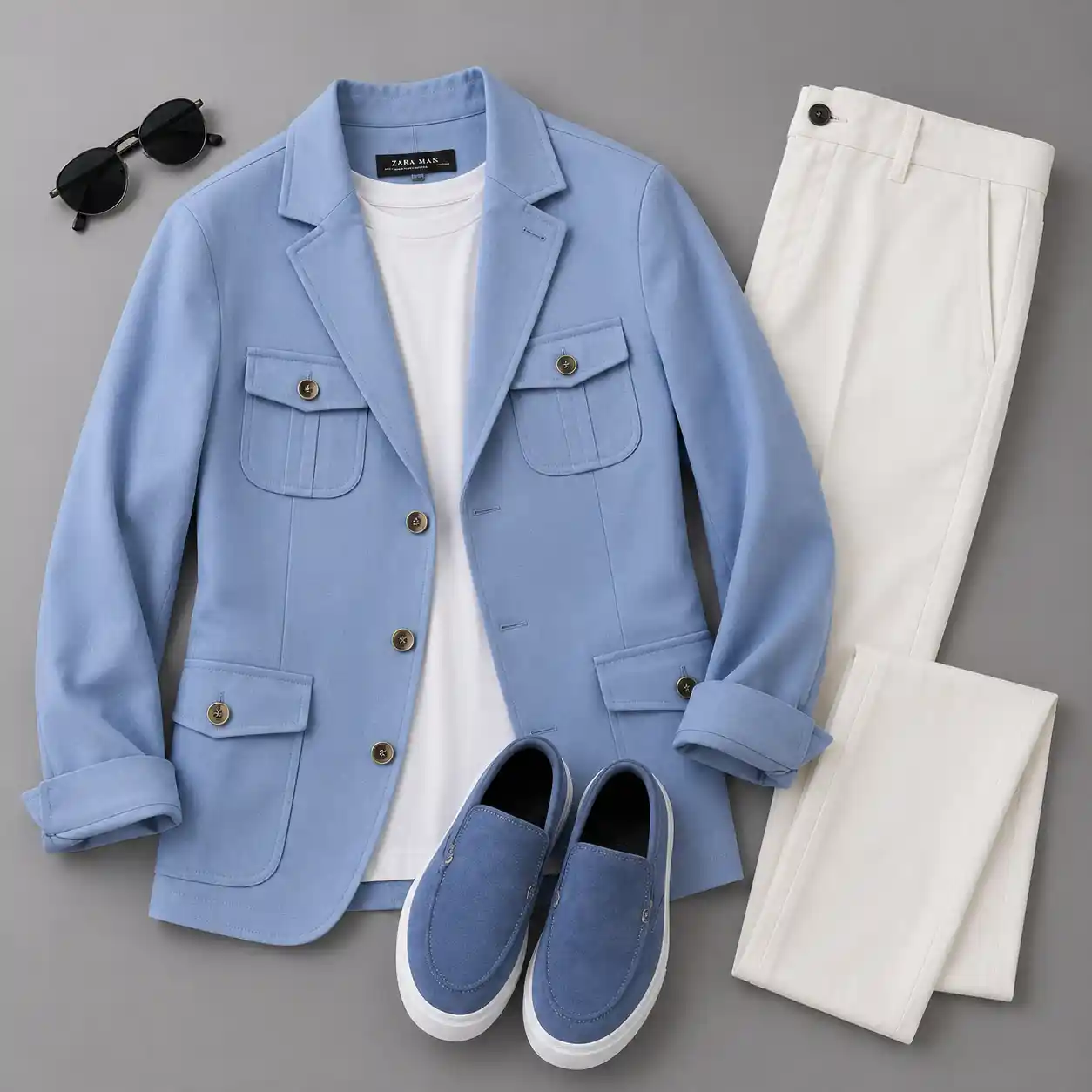 Casual Light Blue Utility Blazer & White Trousers Set